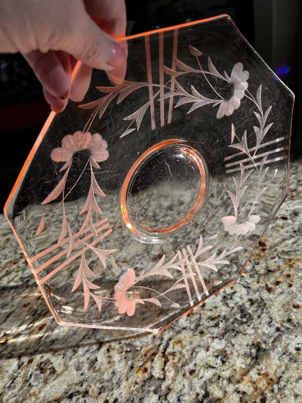Vintage Pink Depression Glass Etched Floral Plate 10” Octagon Serving Dish